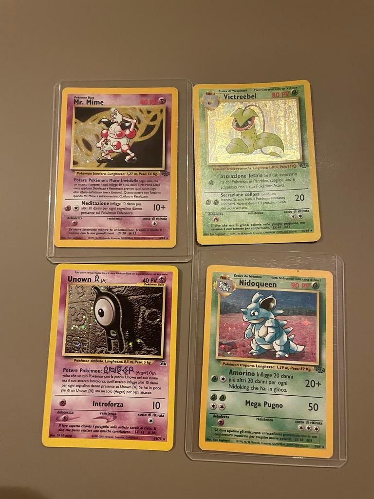 Pokémon kaarten Mr. Mime, Victreebel, Unown, Nidoqueen, Ophalen of Verzenden, Gebruikt, Meerdere kaarten, Foil