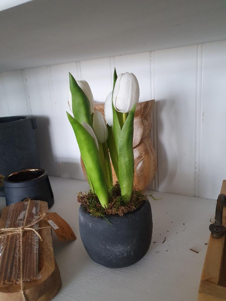 Kunst tulpen wit met bloempot, *, Kunstplant, *, Nieuw