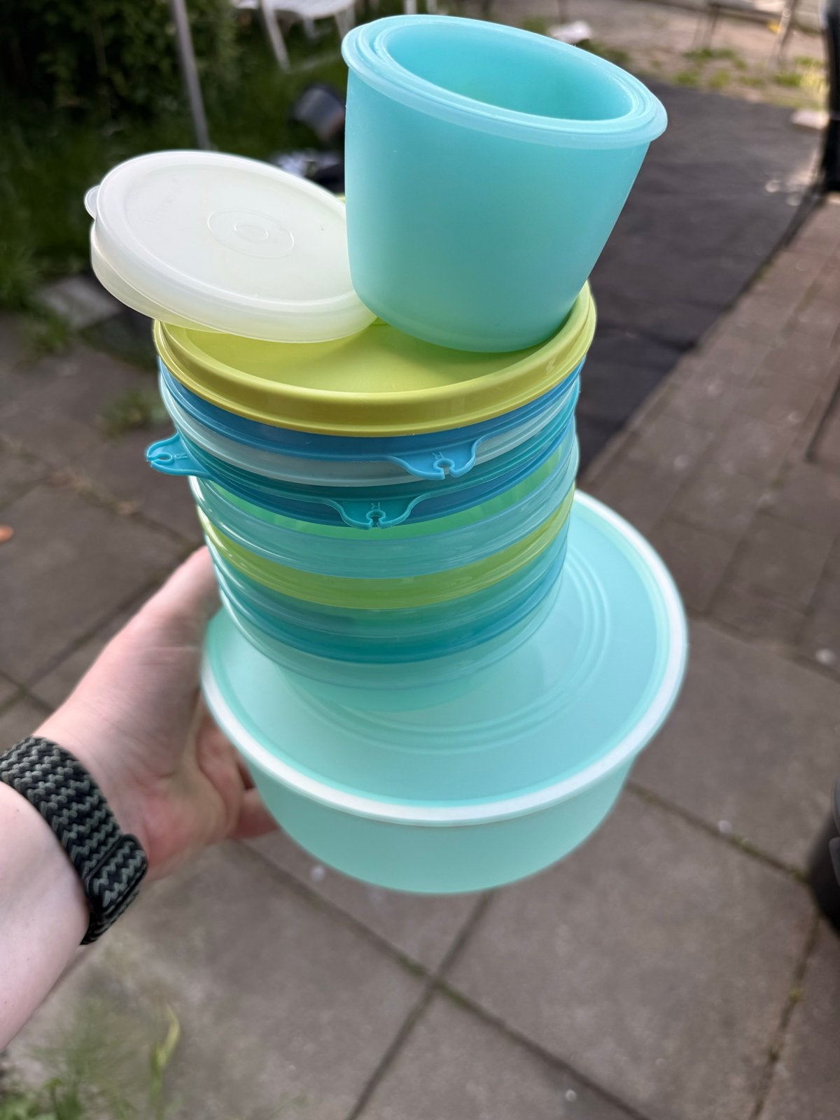Tupperware set: 9 bakjes in diverse maten en kleuren, Ophalen, Gebruikt, Blauw, Bak of Kom