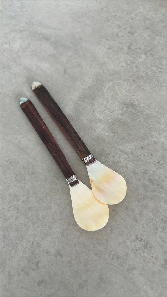 2 Houten Lepeltjes met Parelmoer - 13.5 cm, Ophalen of Verzenden