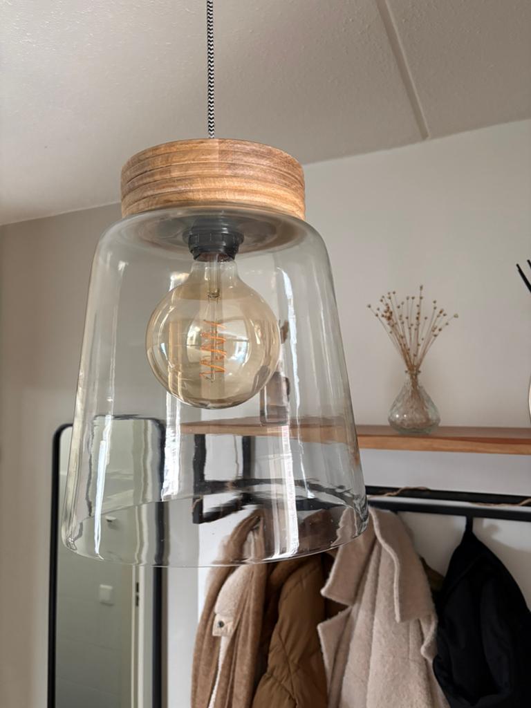 Hanglamp van hout en glas, Ophalen, Zo goed als nieuw