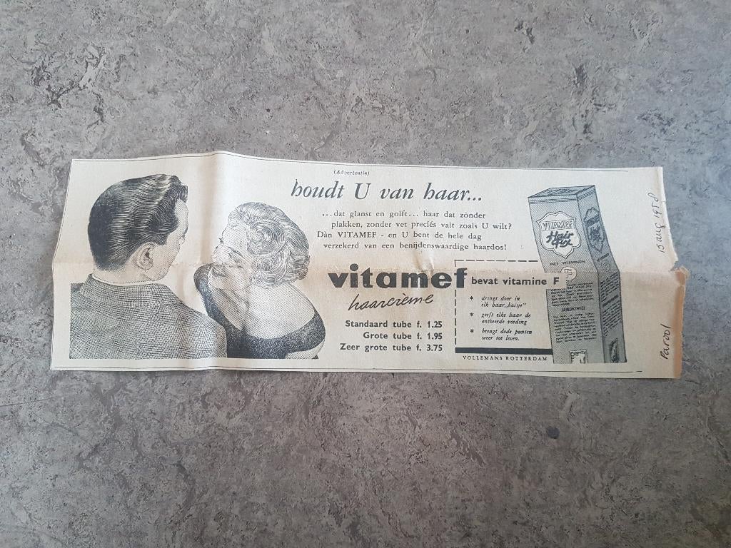 Advertentie haarcrème Vitamef (Parool 1958), Verzamelen, Tijdschriften, Kranten en Knipsels, Ophalen of Verzenden, 1940 tot 1960