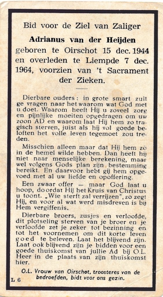 Heijden Adrianus 1944 Oirschot 1964 Liempde, Ophalen of Verzenden, Bidprentje