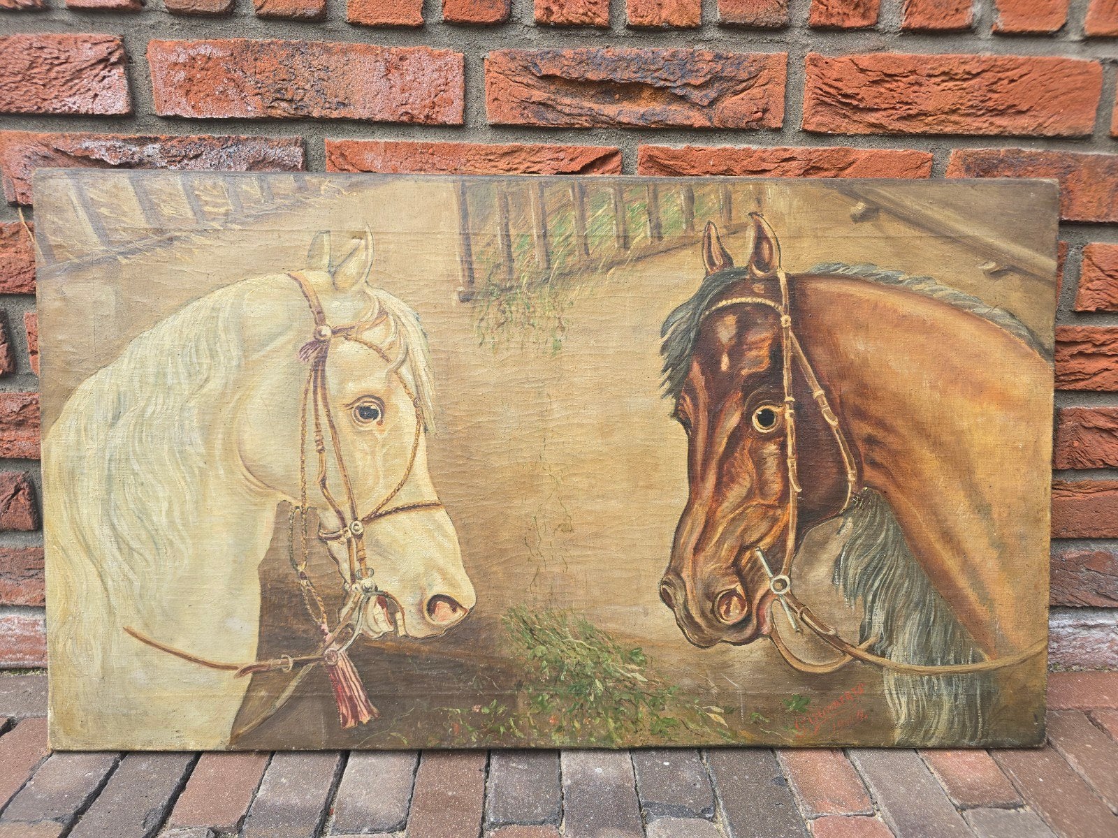 antiek olieverfschilderij met paarden by S. Duwaerts / 1902, Antiek en Kunst, Doek, Dieren, Ophalen of Verzenden, Olieverf