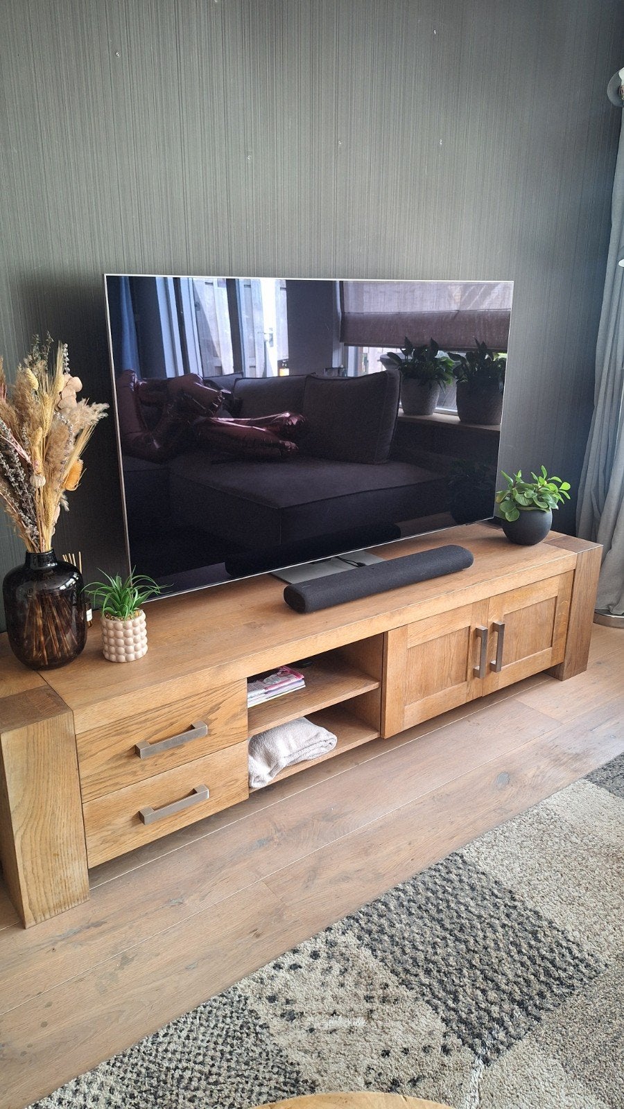 GRATIS! Massief Eiken TV-meubel met Lades en Kastjes, Ophalen, Gebruikt, 150 tot 200 cm, Eikenhout