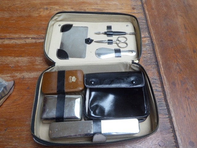 Mooie, antieke necessaire, reis toiletset, Ophalen of Verzenden