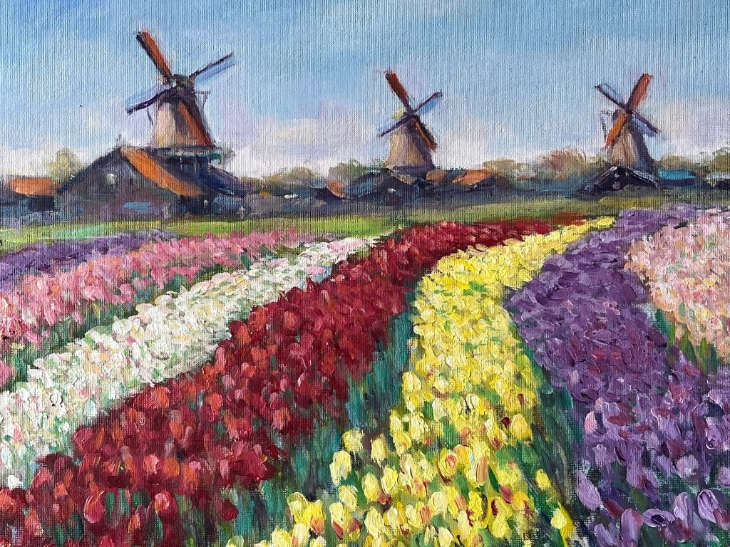 Hans Mijnsbergen, landschap met bollenvelden en molens, Ophalen