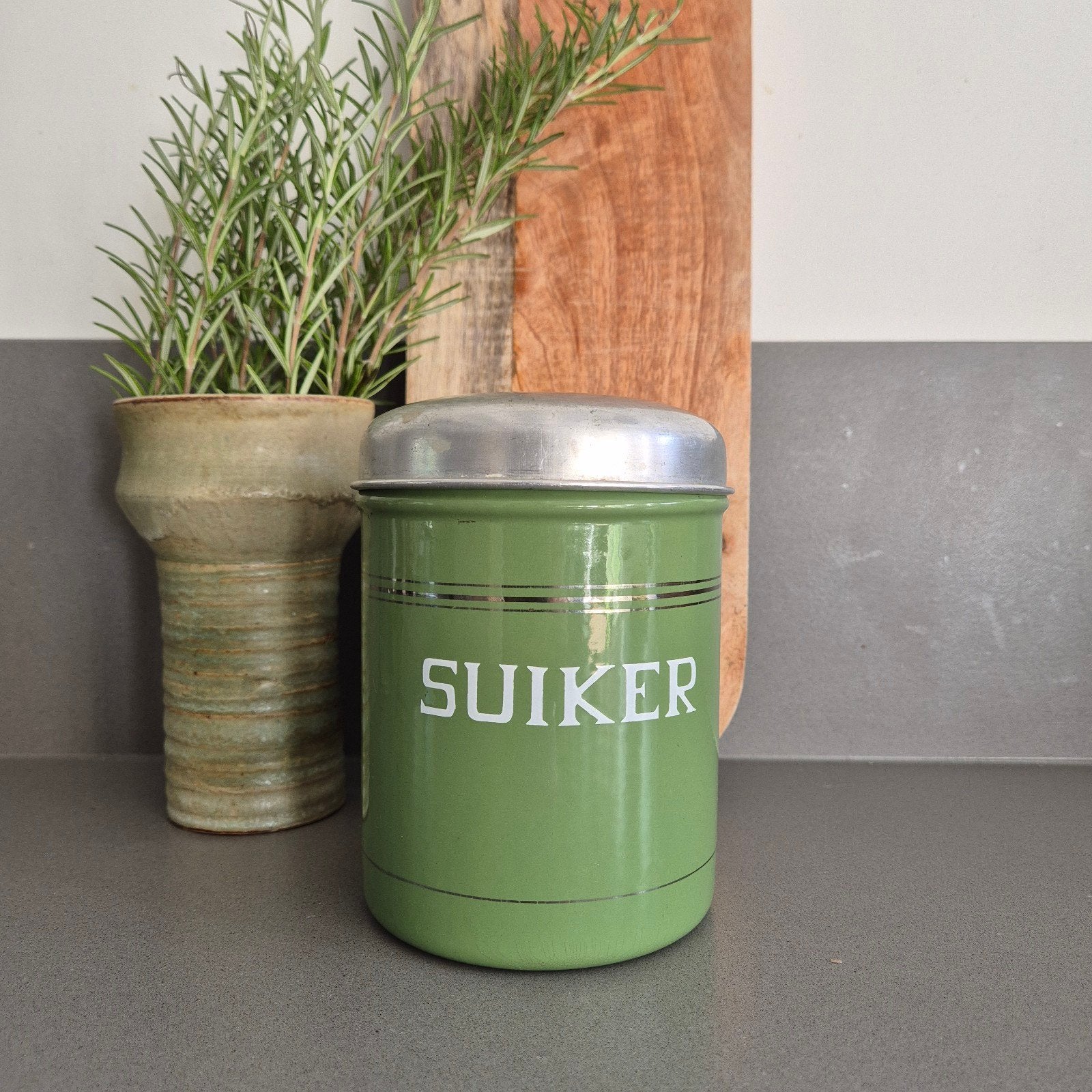 Vintage Groen Emaille Suikerbus – Resedagroen – Jaren 50/60, Ophalen of Verzenden