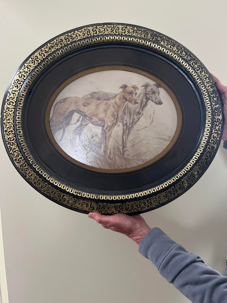 Antieke ovale fotolijst met bladgoud en windhondenprint, Ophalen of Verzenden, Zo goed als nieuw