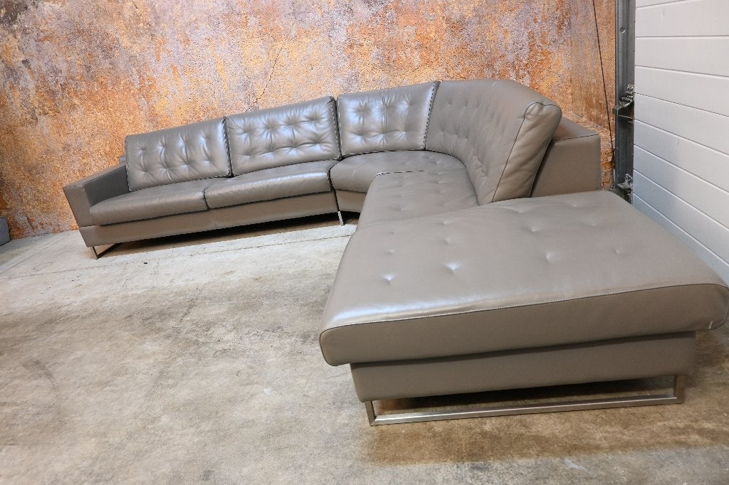 Als NIEUW! taupekleurige leren Leolux Cuno design hoekbank, Leolux, Leolux, 100 tot 125 cm, 300 cm of meer