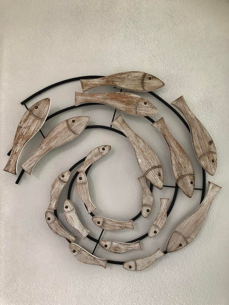 Metalen frame met houten visjes - 80 cm, Huis en Inrichting, Woonaccessoires | Wanddecoraties, Zo goed als nieuw, Wandcirkel, Modern