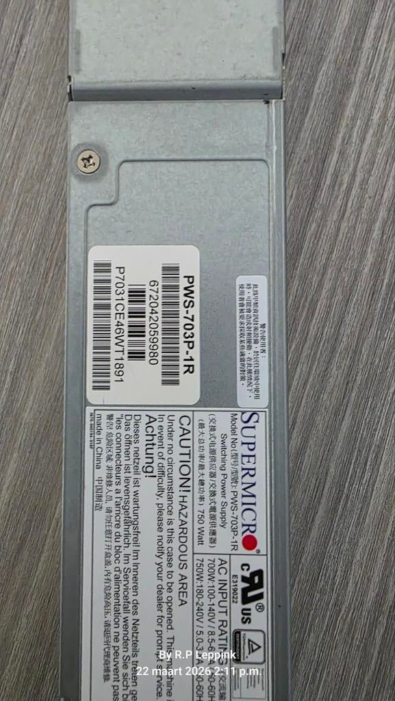 Supermicro PWS-703P-1R Server Voeding 750W 80 Plus Gold, Ophalen of Verzenden