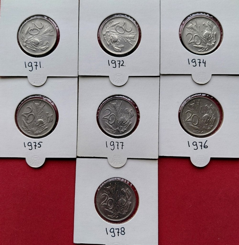 7 x Zuid-Afrika 20 cents, 1971-1978, Postzegels en Munten, Ophalen of Verzenden, Zuid-Afrika, Setje