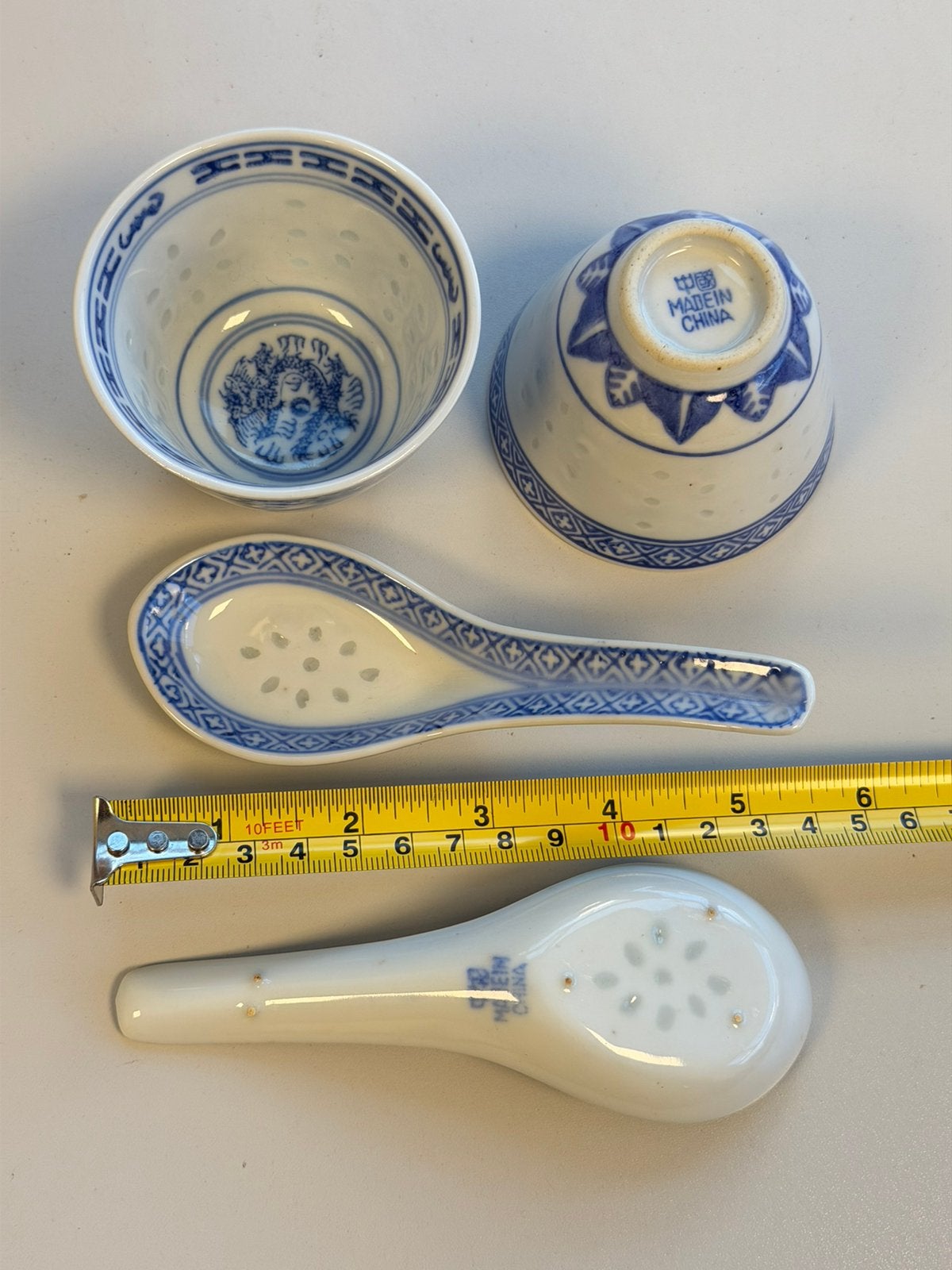 Blauw Wit Porseleinen chinese Rijstkommen + Lepels servies, Ophalen of Verzenden