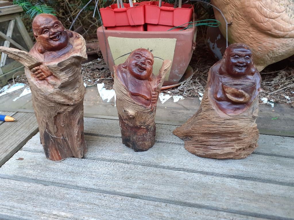 Set van 3 Boeddhabeelden fraai gesneden uit Boomstammen, Ophalen of Verzenden