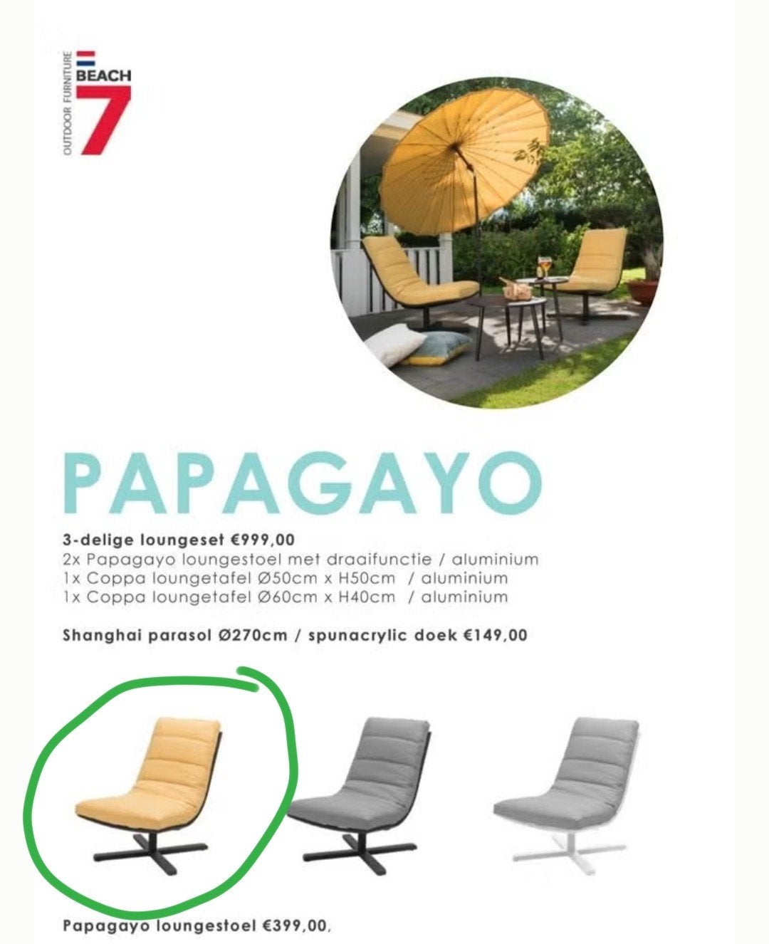 2x Beach7 Papagayo loungestoelen met draaifunctie - Geel, Ophalen of Verzenden, Gebruikt, Aluminium