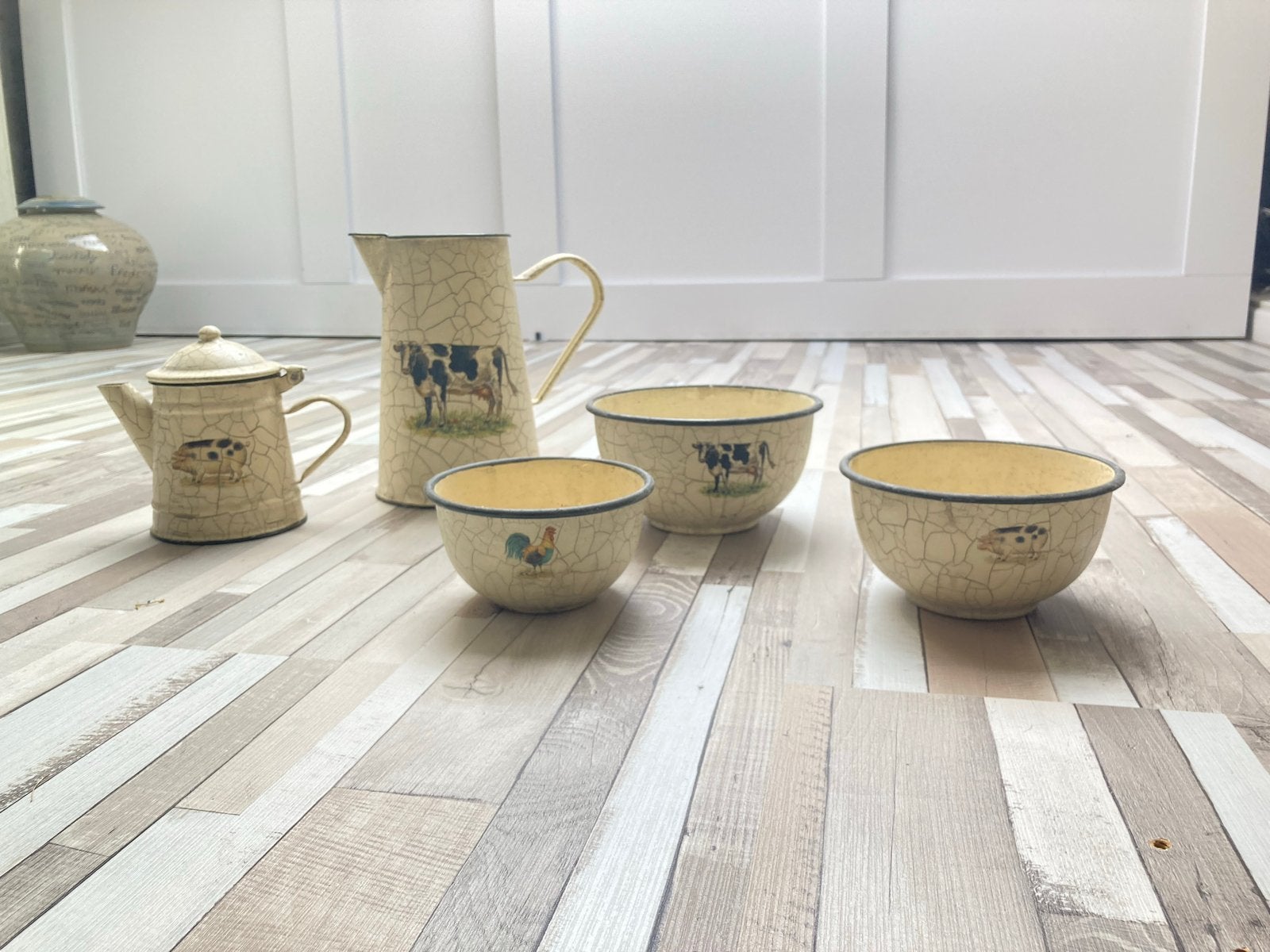 Vintage emaille set met boerderijdieren - 5 stuks, Ophalen of Verzenden