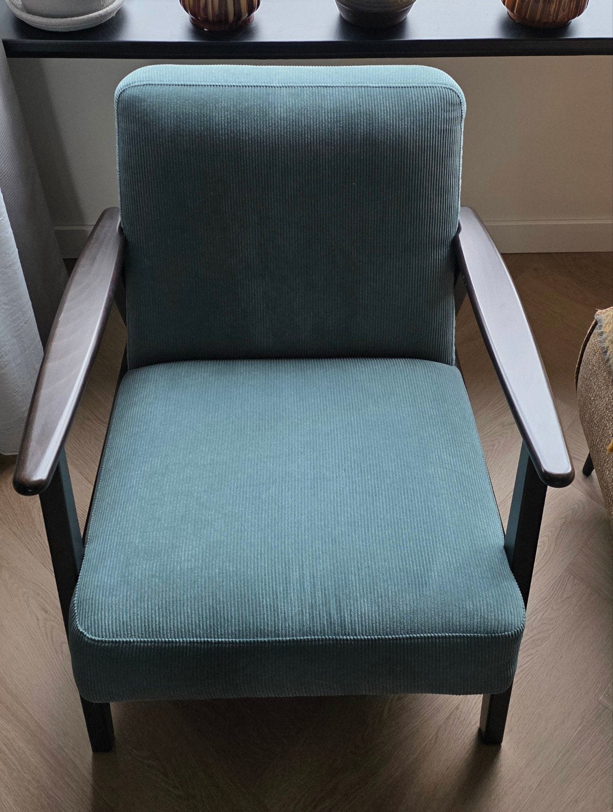 EKENÄSET fauteuil - Lichtblauwe ribstof - Zo goed als nieuw, Ophalen, Hout, Blauw, Zo goed als nieuw