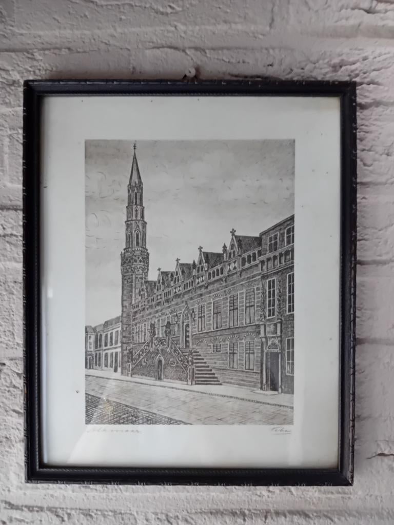 Pentekening van historisch gebouw in lijst, Antiek en Kunst, Kunst | Tekeningen en Foto's, Ophalen of Verzenden