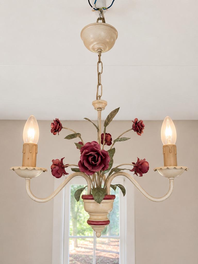 Vintage metalen lamp met roosjes, Ophalen, Zo goed als nieuw