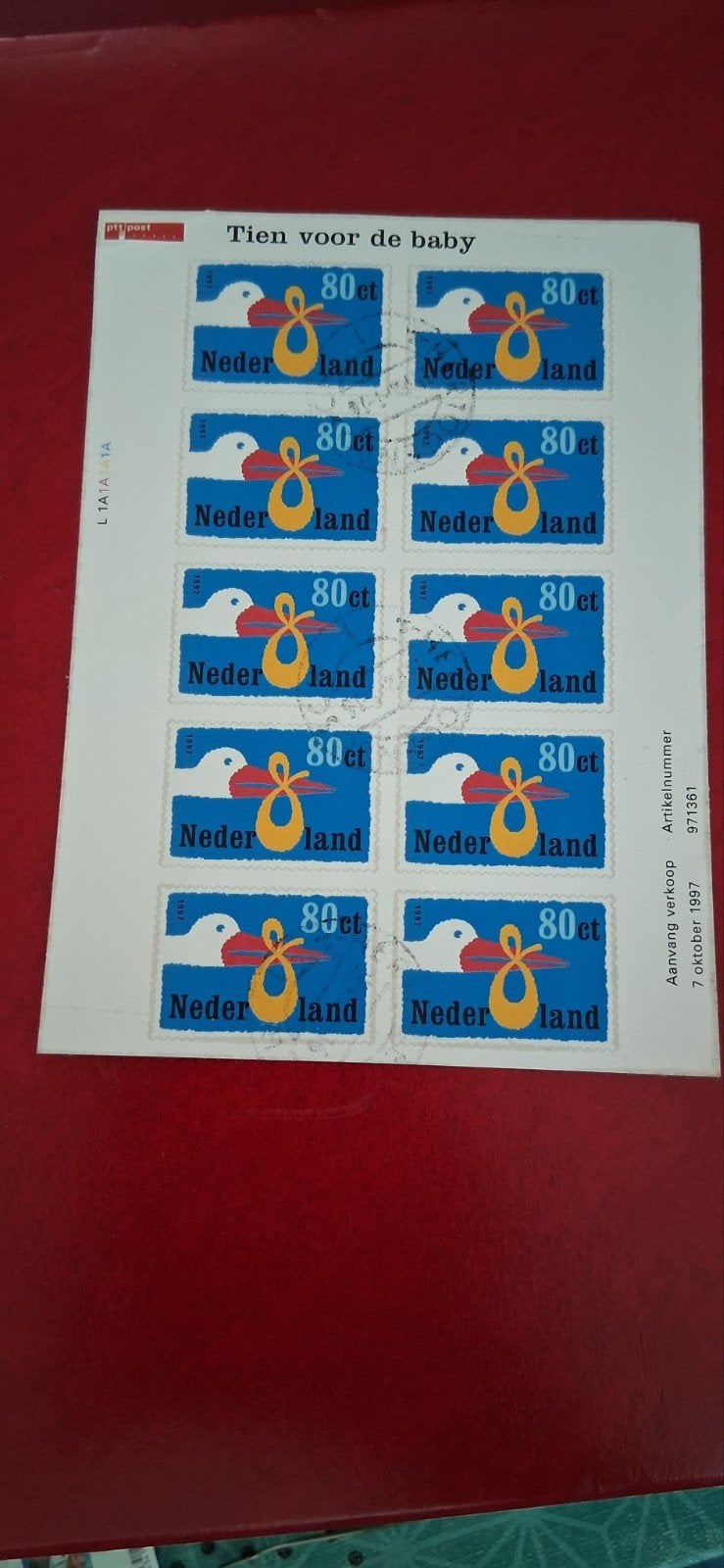Postzegelvel 'Tien voor de baby' 80ct - 1997, Postzegels en Munten, Ophalen of Verzenden
