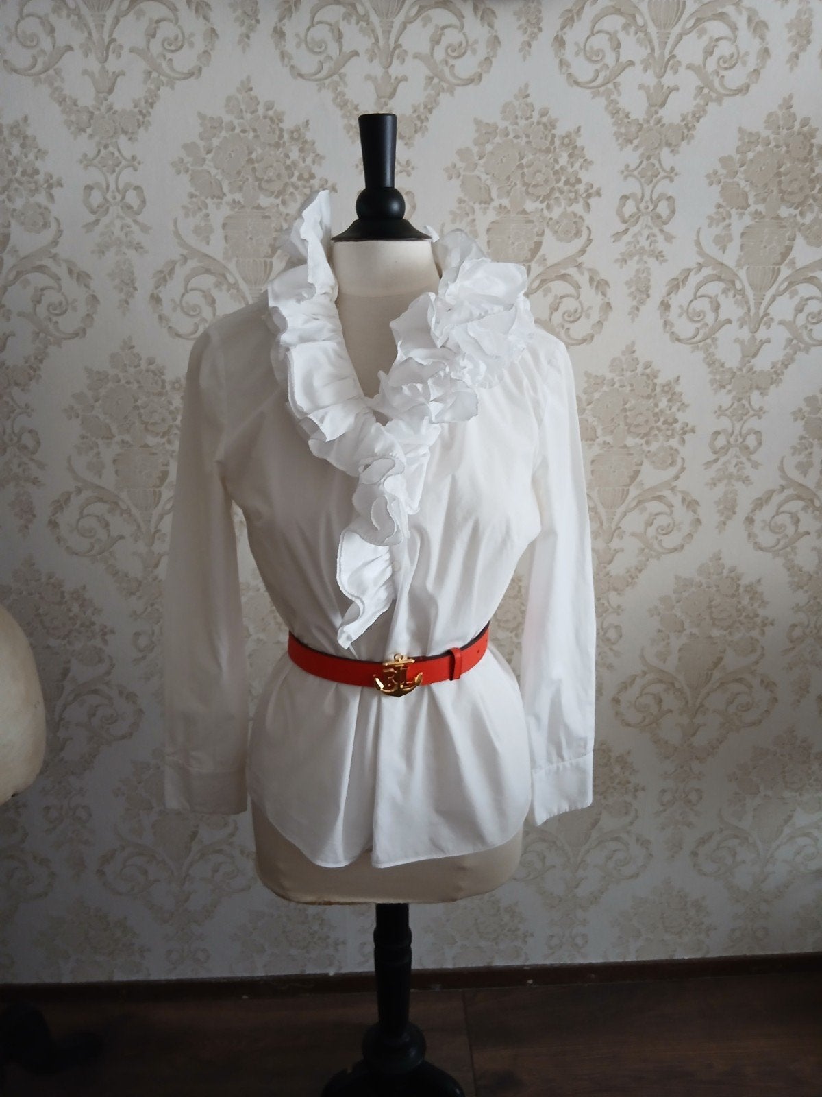 Witte blouse met ruches - Maat 36/38, Ophalen of Verzenden, Zo goed als nieuw, Maat 36 (S), Wit