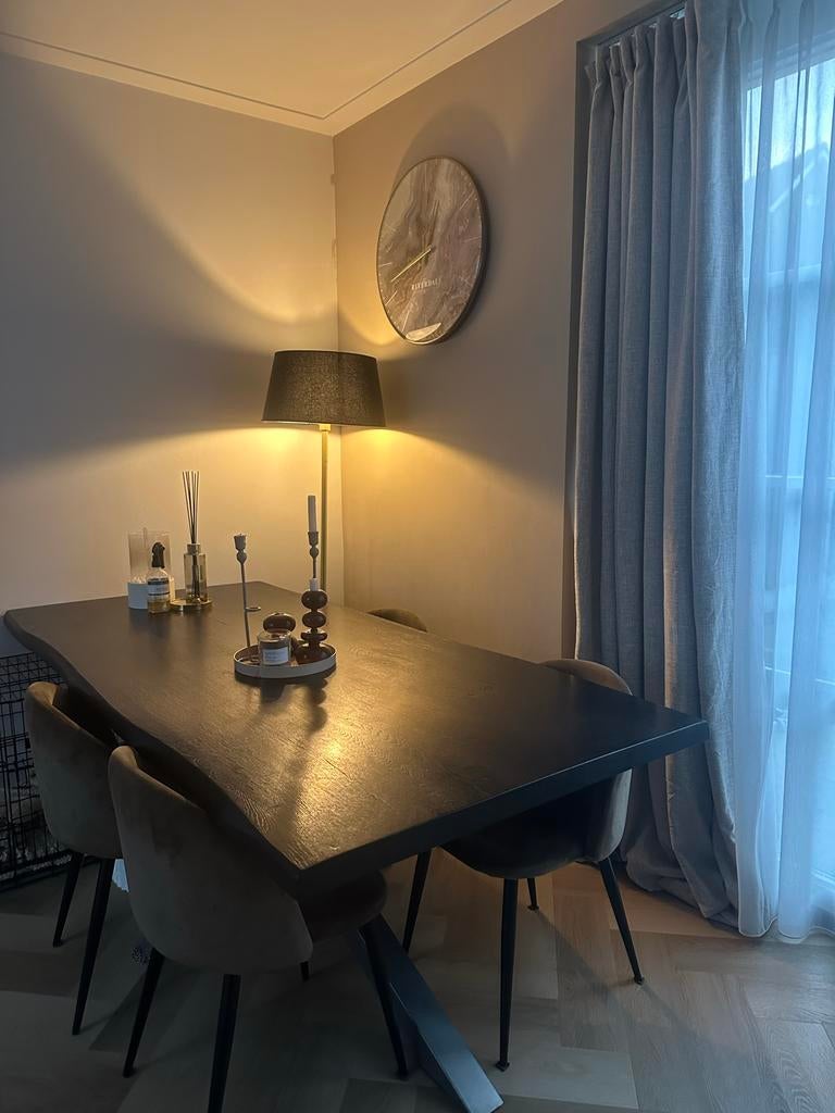 Zwarte Eikenhouten Eettafel met Bronzen Onderstel (220x100cm, Huis en Inrichting, Tafels | Eettafels, Ophalen, Gebruikt, 100 tot 150 cm