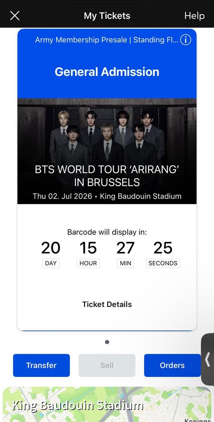 BTS Brussel 02.07.2026 Staanplaats D, Eén persoon, Juni