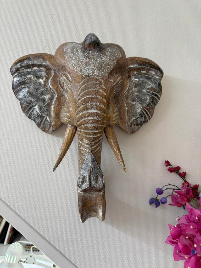Ibiza stijl olifant hoofd hout wand decoratie, Ophalen, Zo goed als nieuw