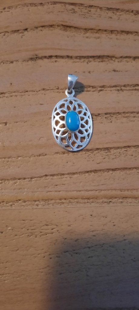 Antieke, 925 zilveren hanger met turquoise steentje, Ophalen of Verzenden, Zilver, Hanger, Met edelsteen