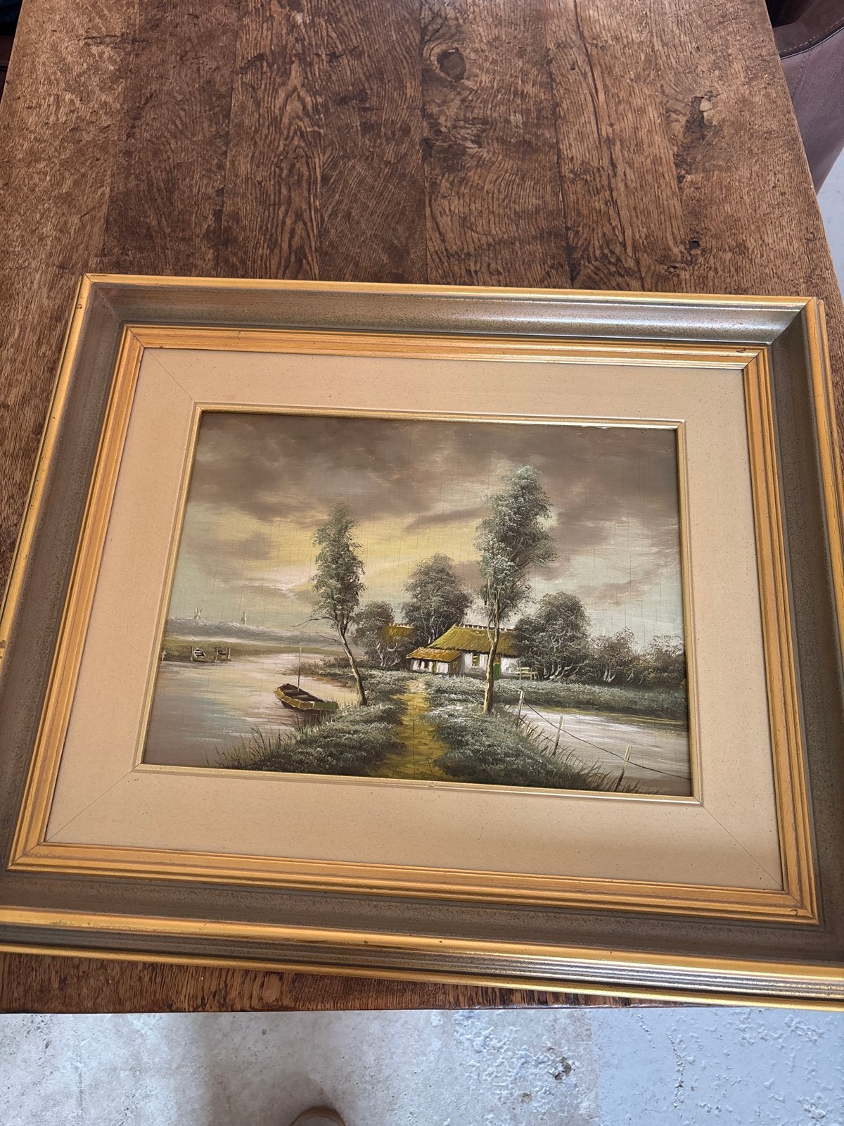 Olieverfschilderij op paneel - Landschap met water en huis, Antiek en Kunst, Paneel, Ophalen of Verzenden, Gesigneerd, Landschap
