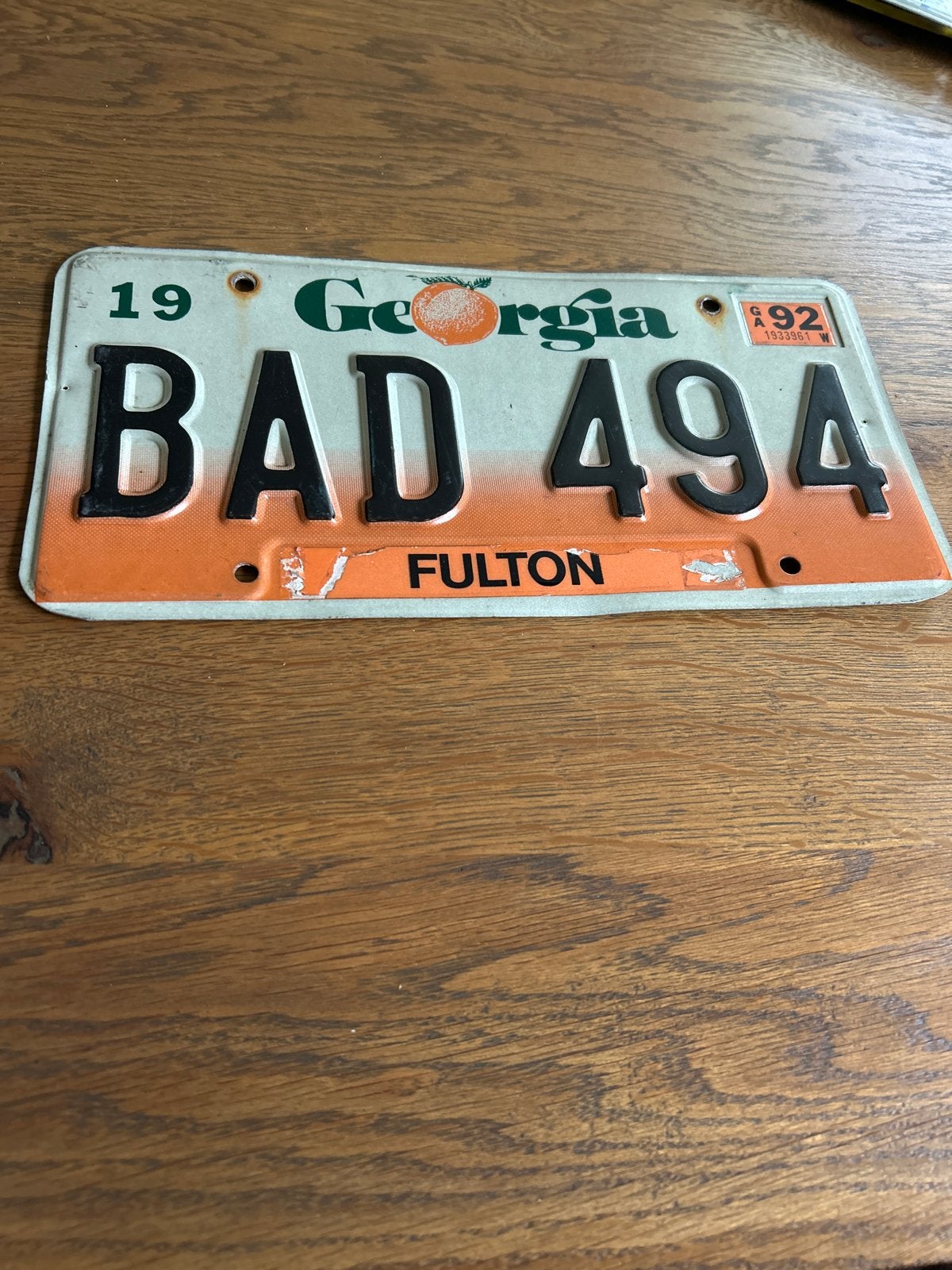 Vintage Georgia nummerplaat - BAD 49A Fulton 1992, Ophalen of Verzenden, Gebruikt, Auto's