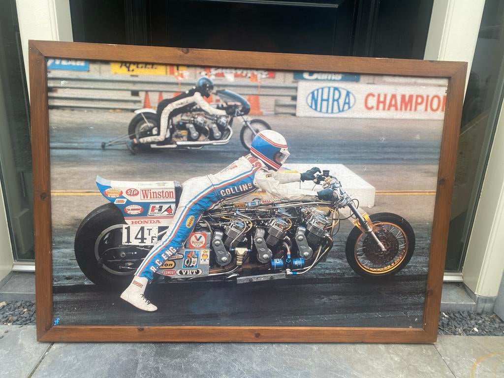 Ingelijste poster van dragrace motorfiets(collins), Ophalen of Verzenden
