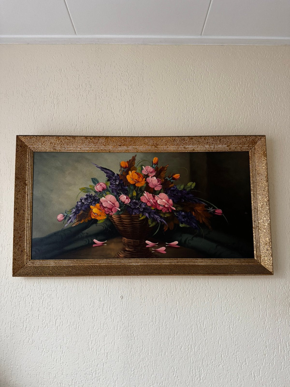 Schilderij met gouden lijst 110/60 cm, Ophalen, Vintage, Bloemen