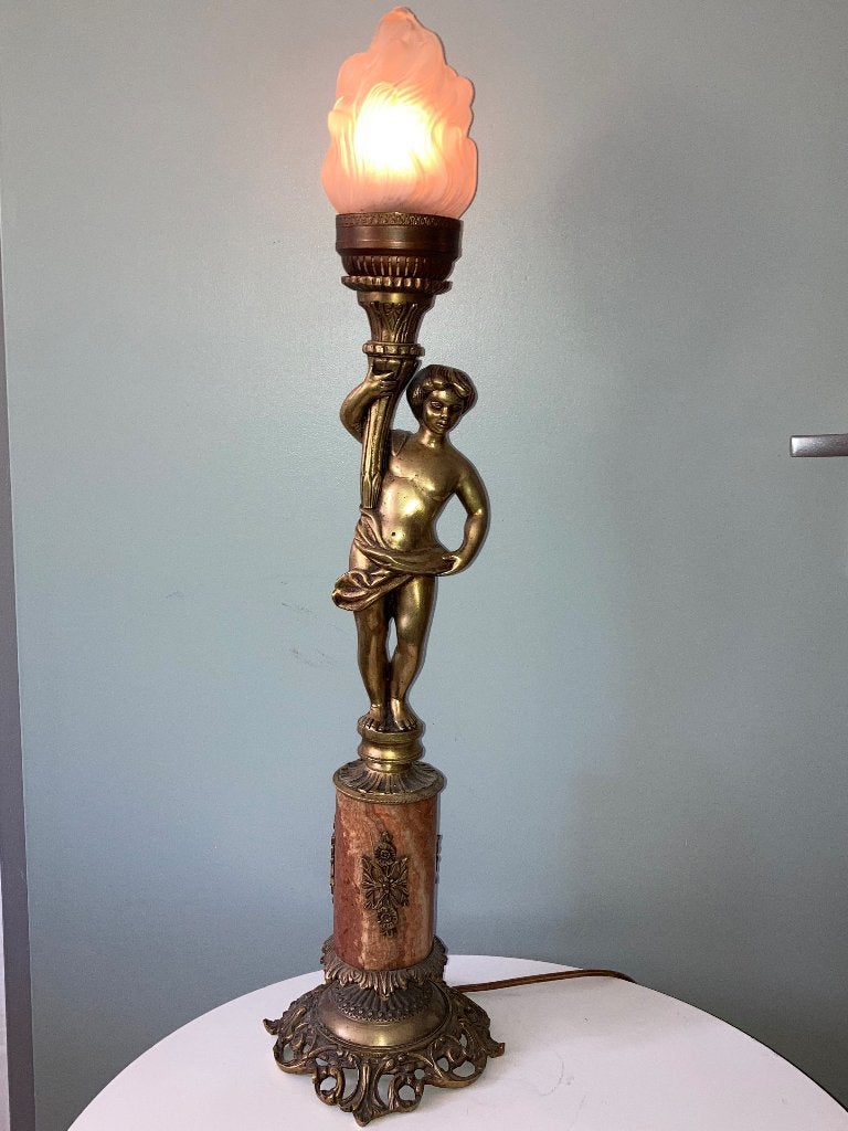 Antieke messing lamp; fakkeldrager, Ophalen of Verzenden
