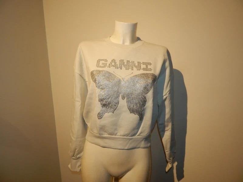 Ganni sweater lichte tint zilver glitter vlinder en merk M, Kleding | Dames, Maat 38/40 (M), Verzenden, Wit, Ganni