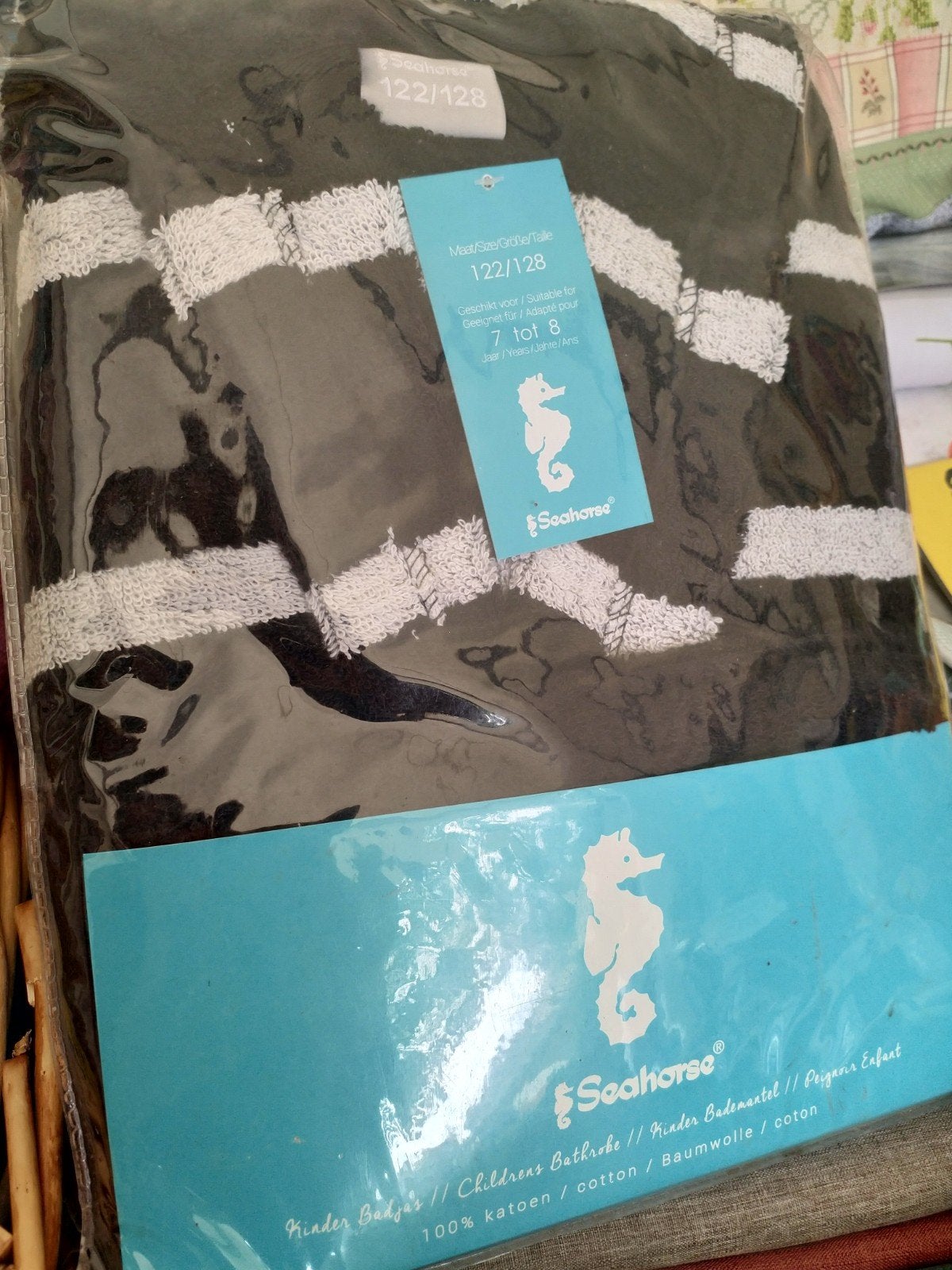 Kinderbadjas Seahorse katoen badstof zwart wit maat 122/128, Kinderen en Baby's, Kinderkleding | Overige, Ophalen of Verzenden
