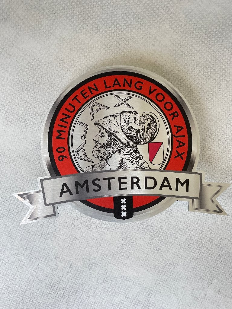 Reclamebord Embleem Ajax 90 minuten lang (rood) aluminium, Ophalen of Verzenden, Nieuw, Reclamebord