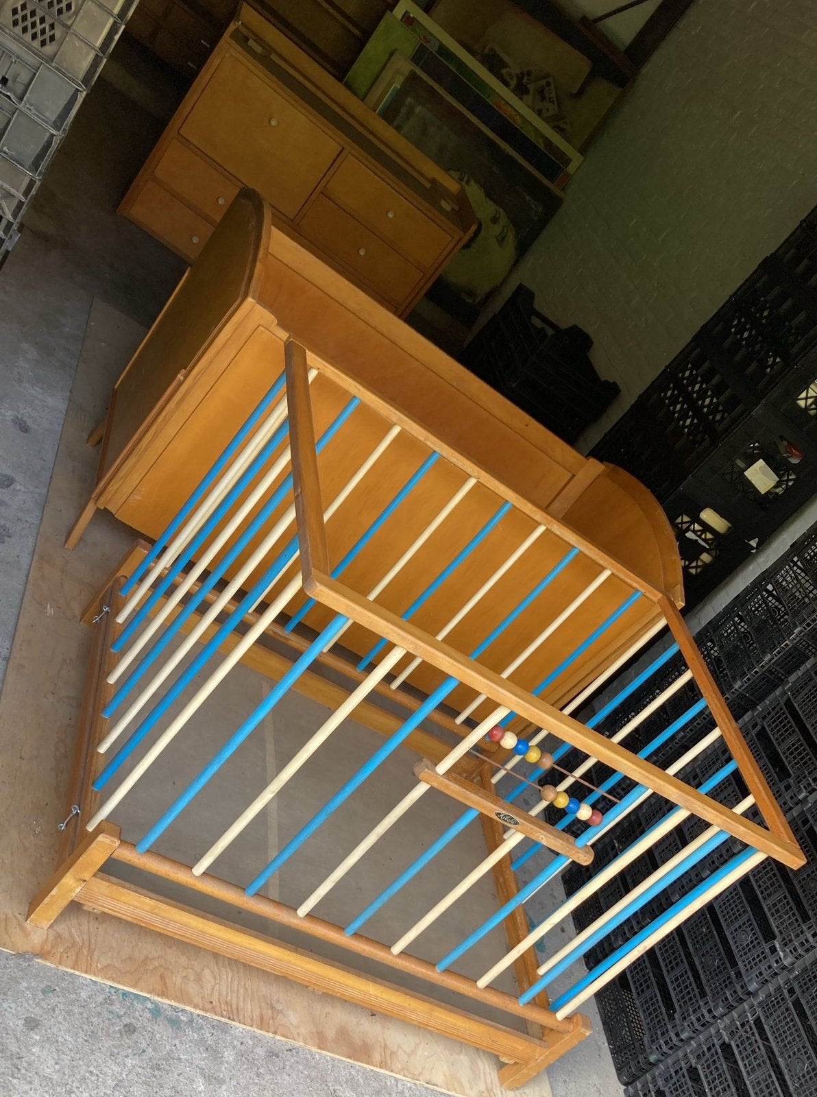 Houten vintage ledikant en box, Ophalen, Gebruikt, Overige houtsoorten, Vintage
