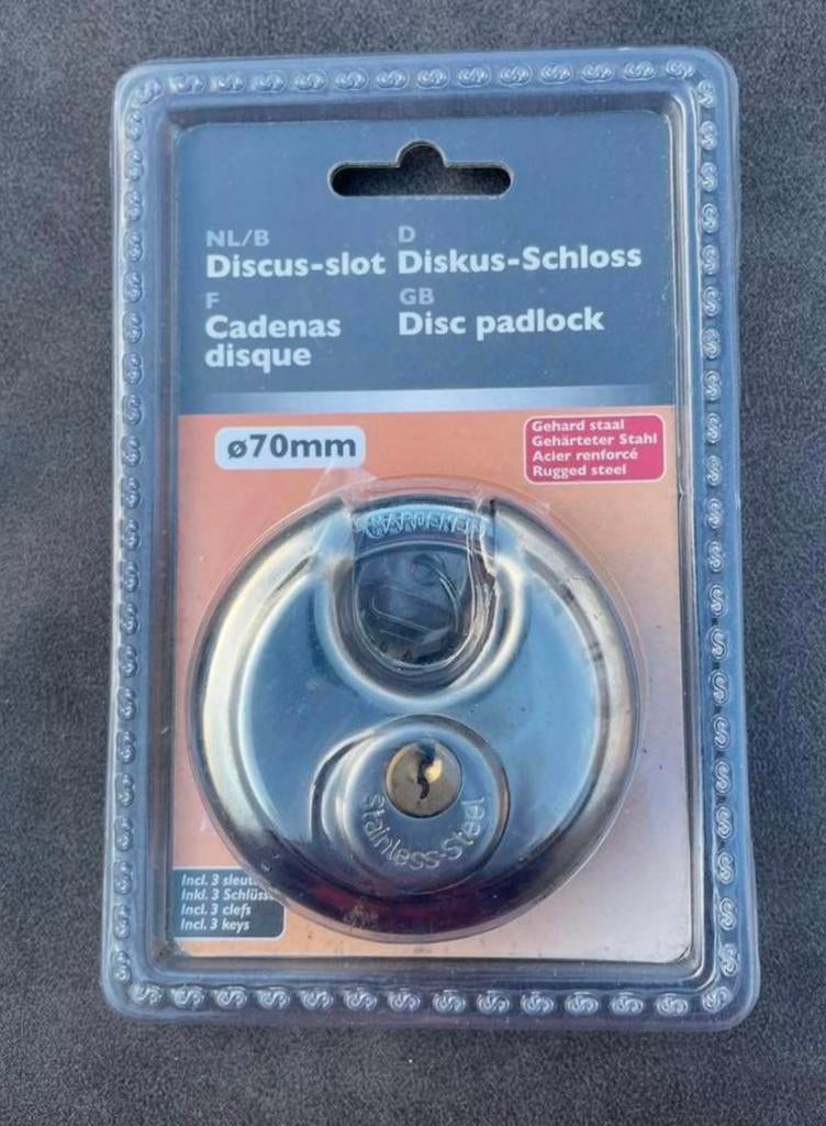 Discus slot 70mm NIEUW incl. 3 sleutels in de verpakking, Ophalen of Verzenden, Nieuw, Overige materialen, Slot