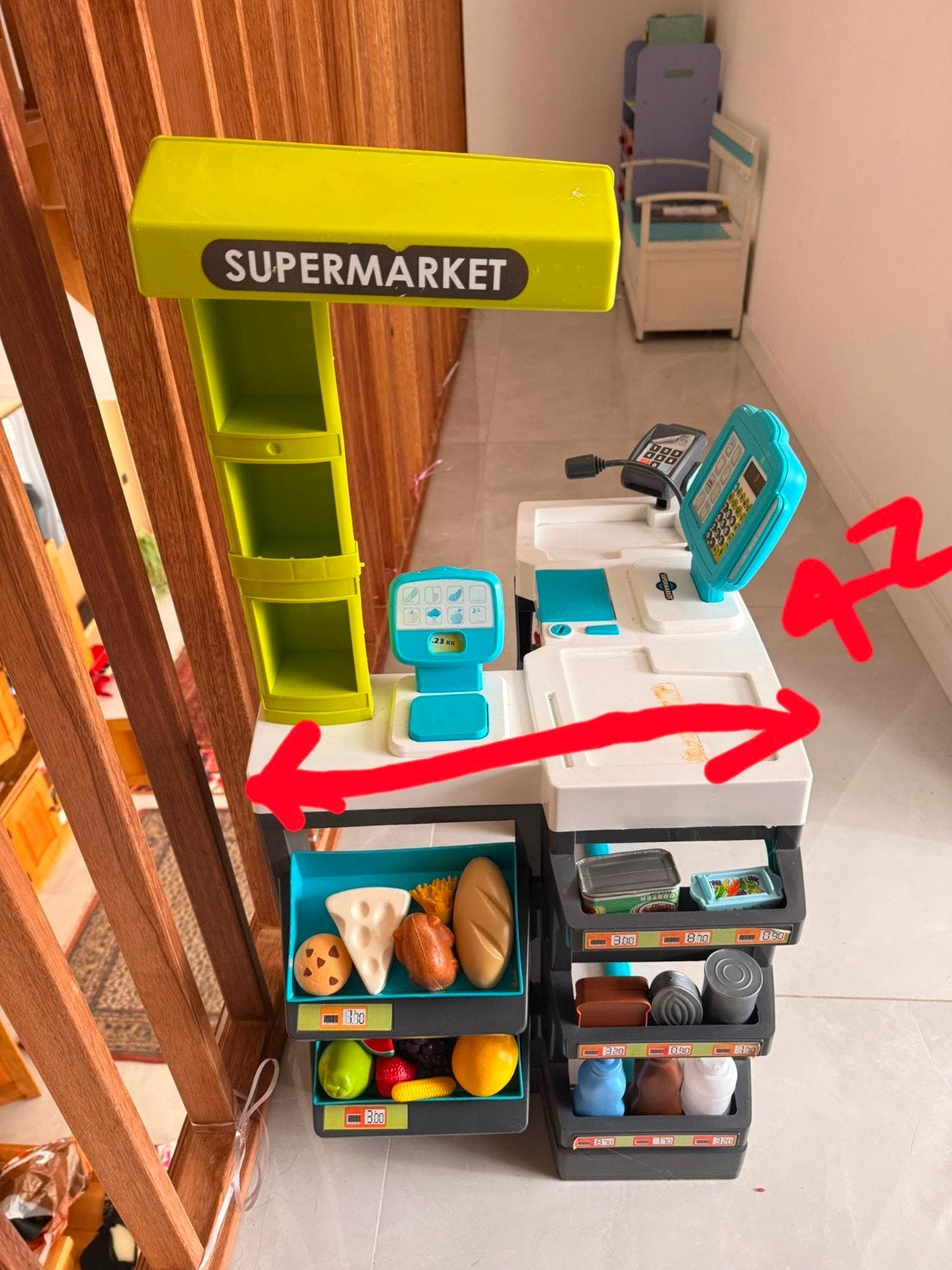 Supermarkt speelset met winkelwagen en speelgoedeten, Ophalen of Verzenden, Gebruikt, Jongen of Meisje