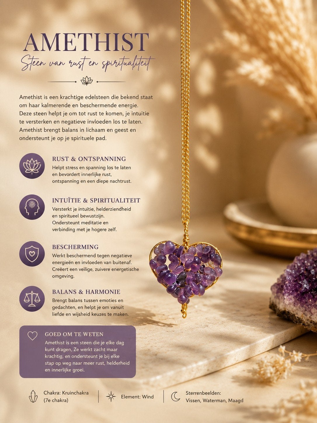 Amethist Hart Hanger met Verstelbare Ketting - 3x3 cm, Sieraden, Tassen en Uiterlijk, Kettingen, Nieuw, Steen of Mineraal, Paars