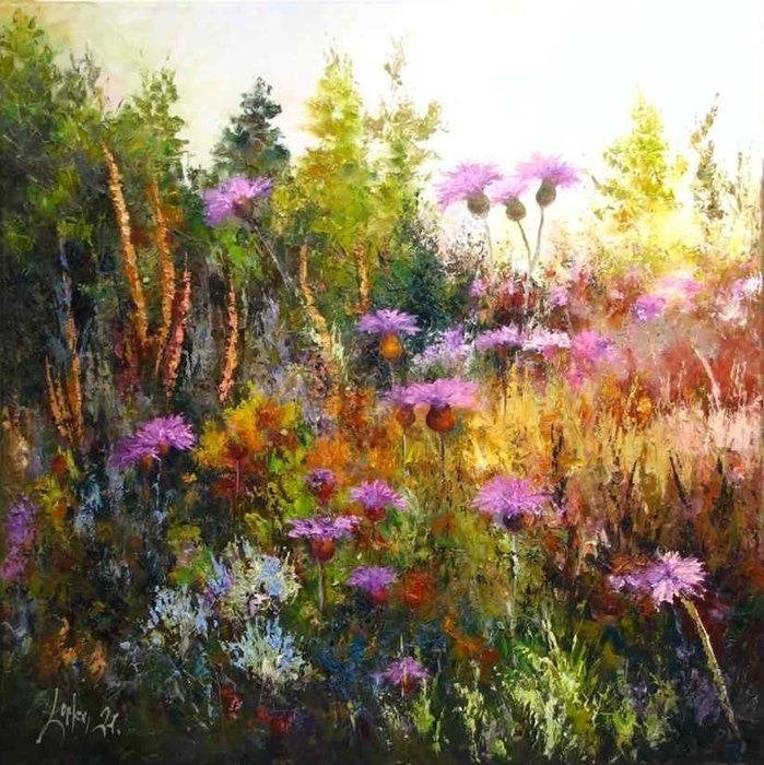 schilderij - Solar meadow with thistles -, Antiek en Kunst, Origineel werk, Overige stijlen, Doek, Olieverf