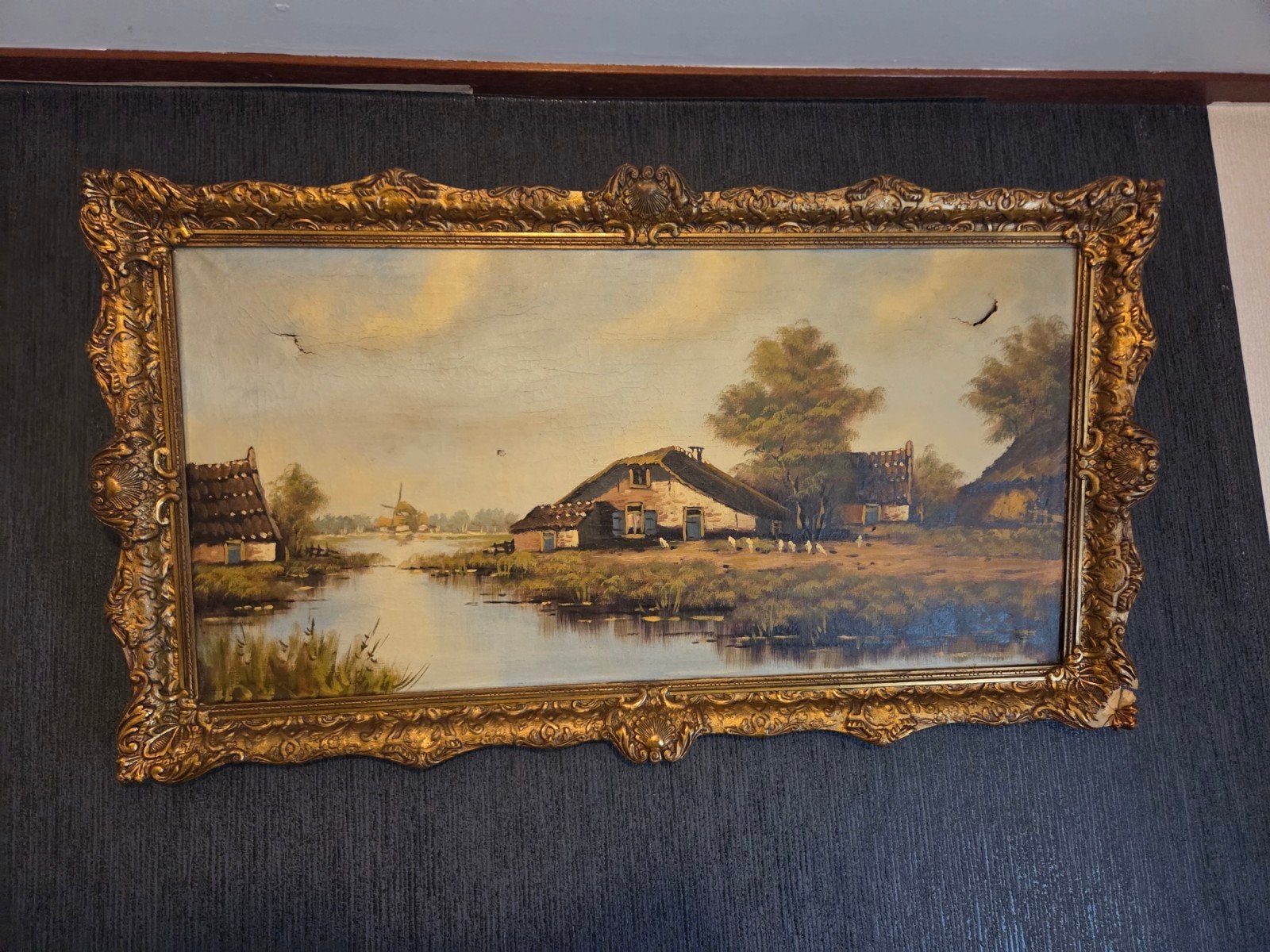 Oud Hollands Landschap Schilderij met Gouden Lijst, Antiek en Kunst, Kunst | Schilderijen | Klassiek, Ophalen of Verzenden