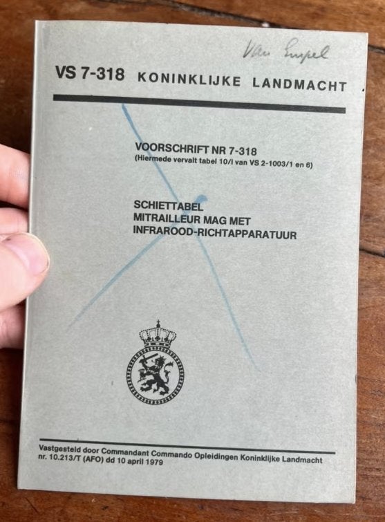 KL Defensie landmacht MAG infrarood kijker schiettabel wapen, Verzenden, Nederland, Embleem of Badge, Landmacht