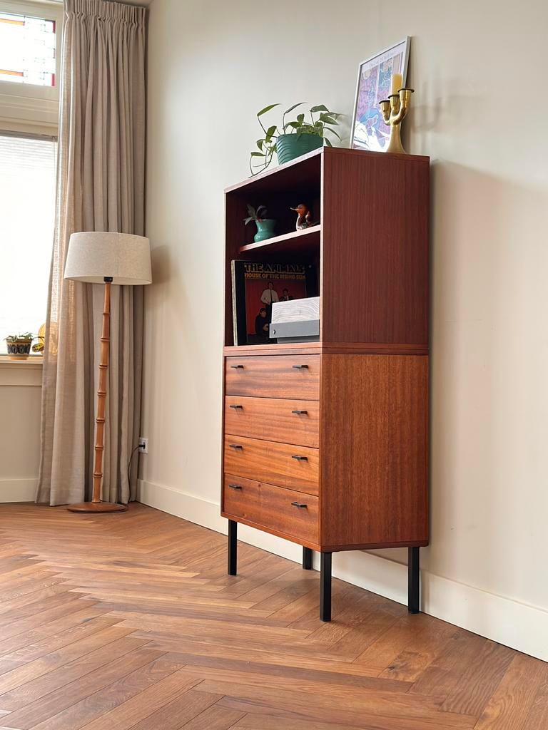 Vintage wandmeubel teak hout metaal lades jaren 50/60/70, Ophalen, Met plank(en), Gebruikt, Teakhout