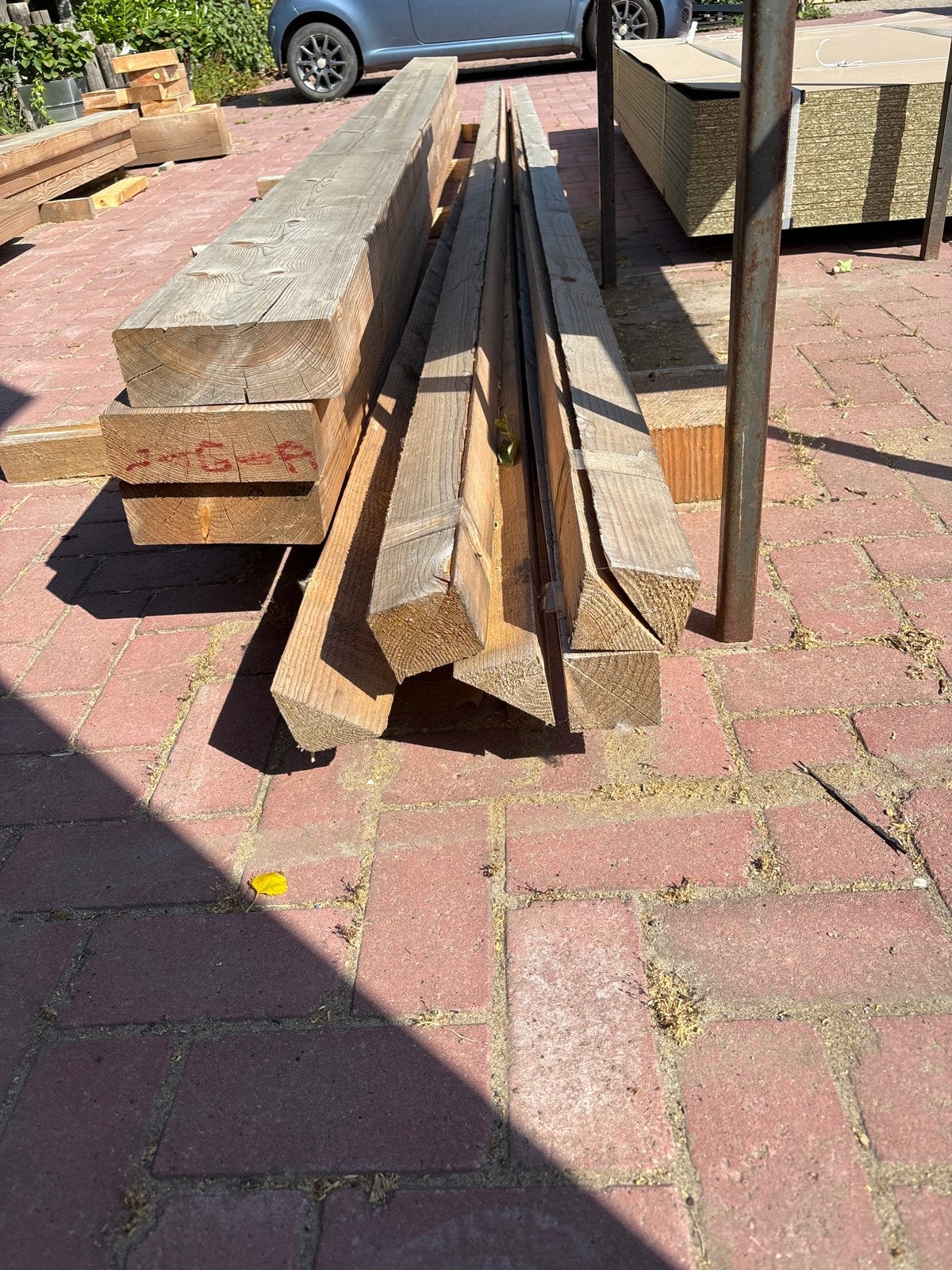 Diverse houten balken en planken, mastiek latten 80x80, 5 m1, Ophalen, Gebruikt, Balk, Overige houtsoorten