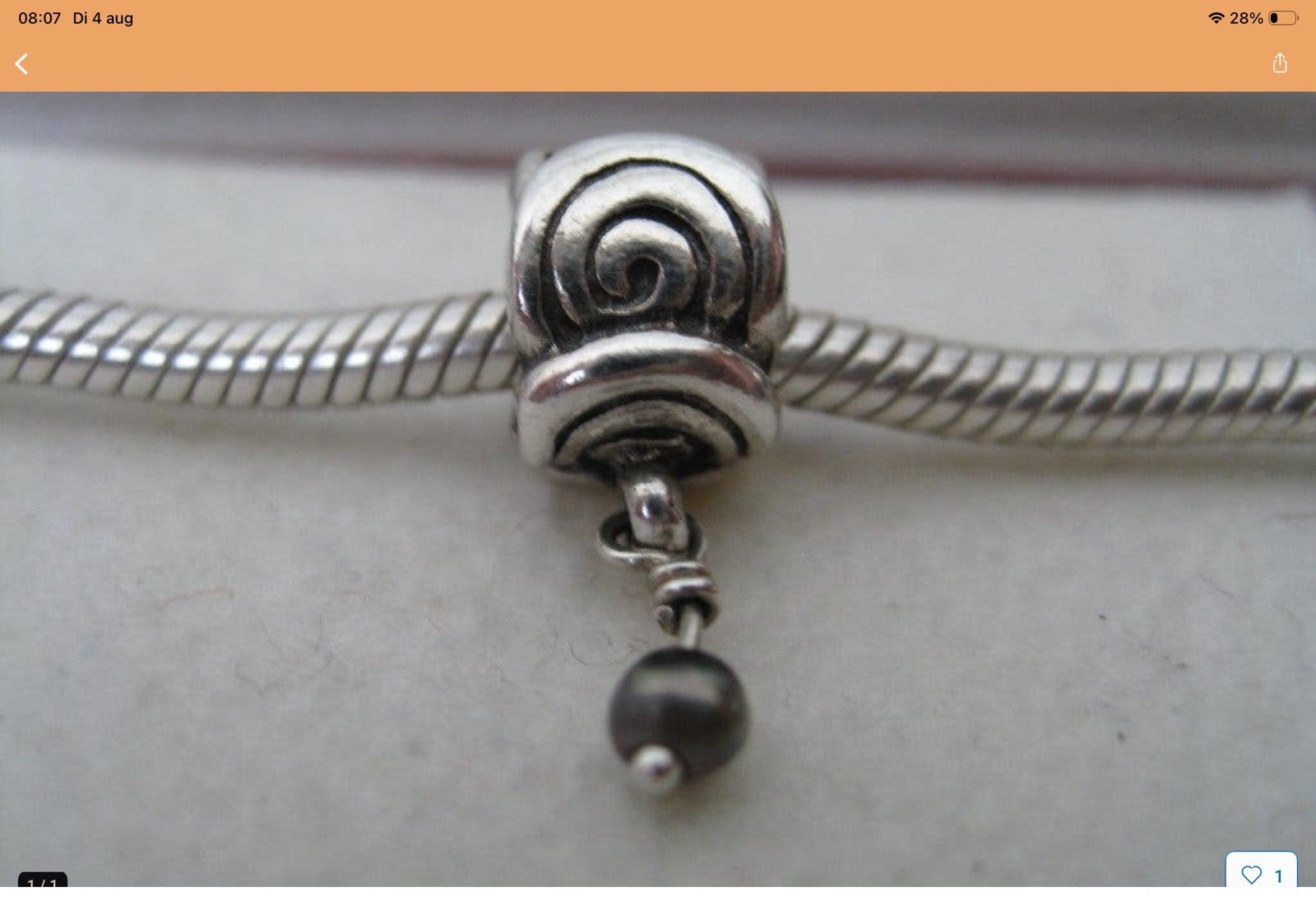 Pandora Bedel Hanger met parel, Verzenden, Zo goed als nieuw, Zilver, Pandora