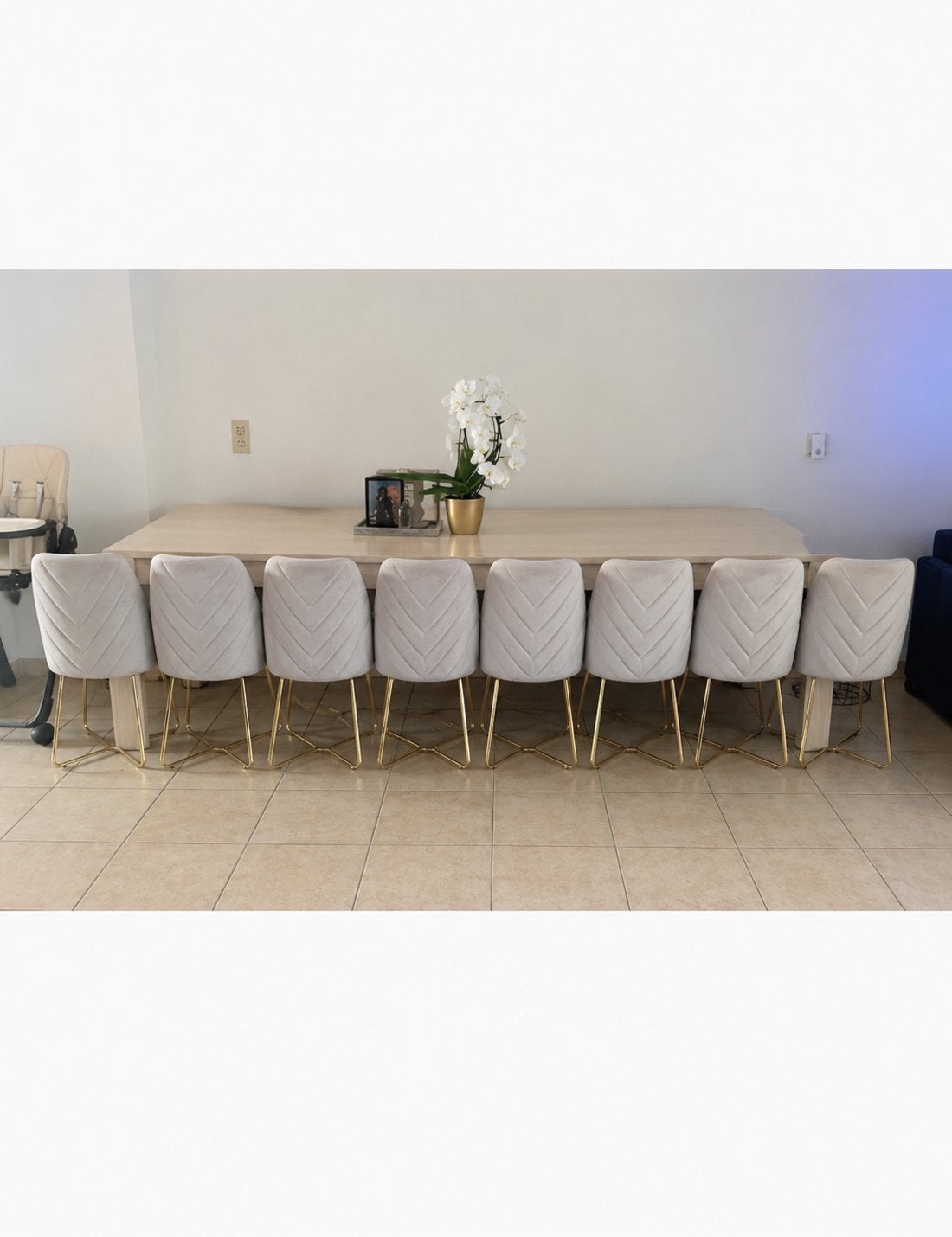 Set van 8 luxe eetkamerstoelen -  taupe  met goud, Ophalen, Overige kleuren, Zo goed als nieuw, Stof