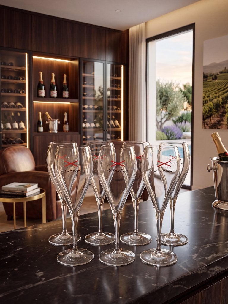 Set (7) flûtes: de Castellane (onderdeel Laurent-Perrier)., Glas of Glazen, Overige merken, Ophalen of Verzenden, Modern